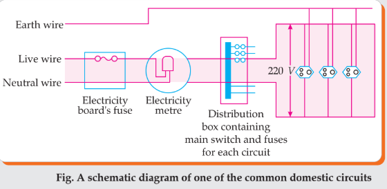 Schematic labelled diagram of domestic electric circuit showing live, neutral and earth wires, fuse, meter and appliances