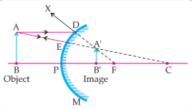 Ray diagram of convex mirror showing virtual, erect, diminished image